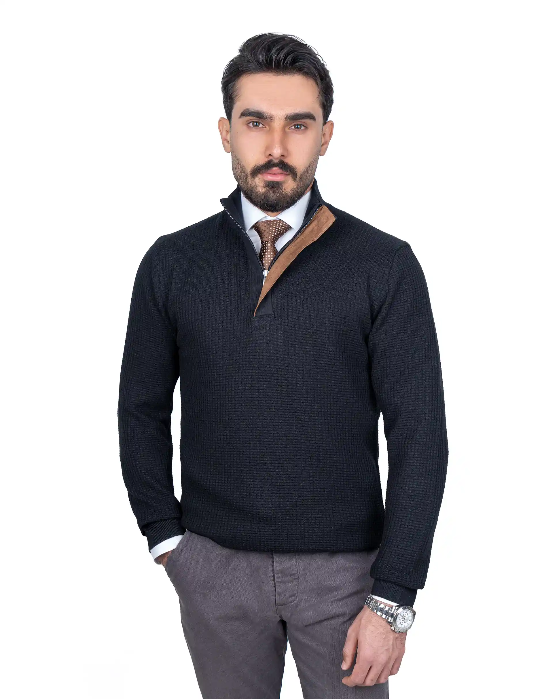 پلیور نیم زیپ یقه ایستاده شطرنجی