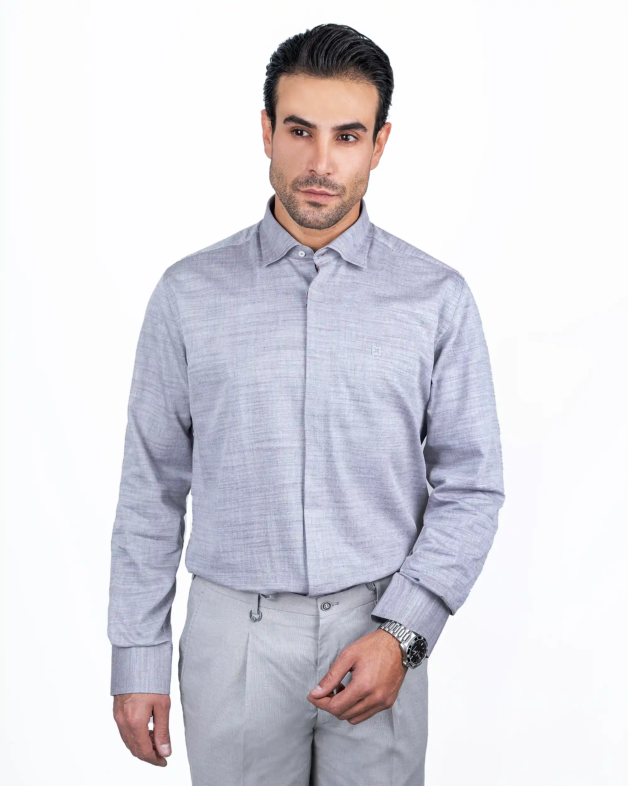 پیراهن آستین بلند دکمه مخفی ملانژپنبه