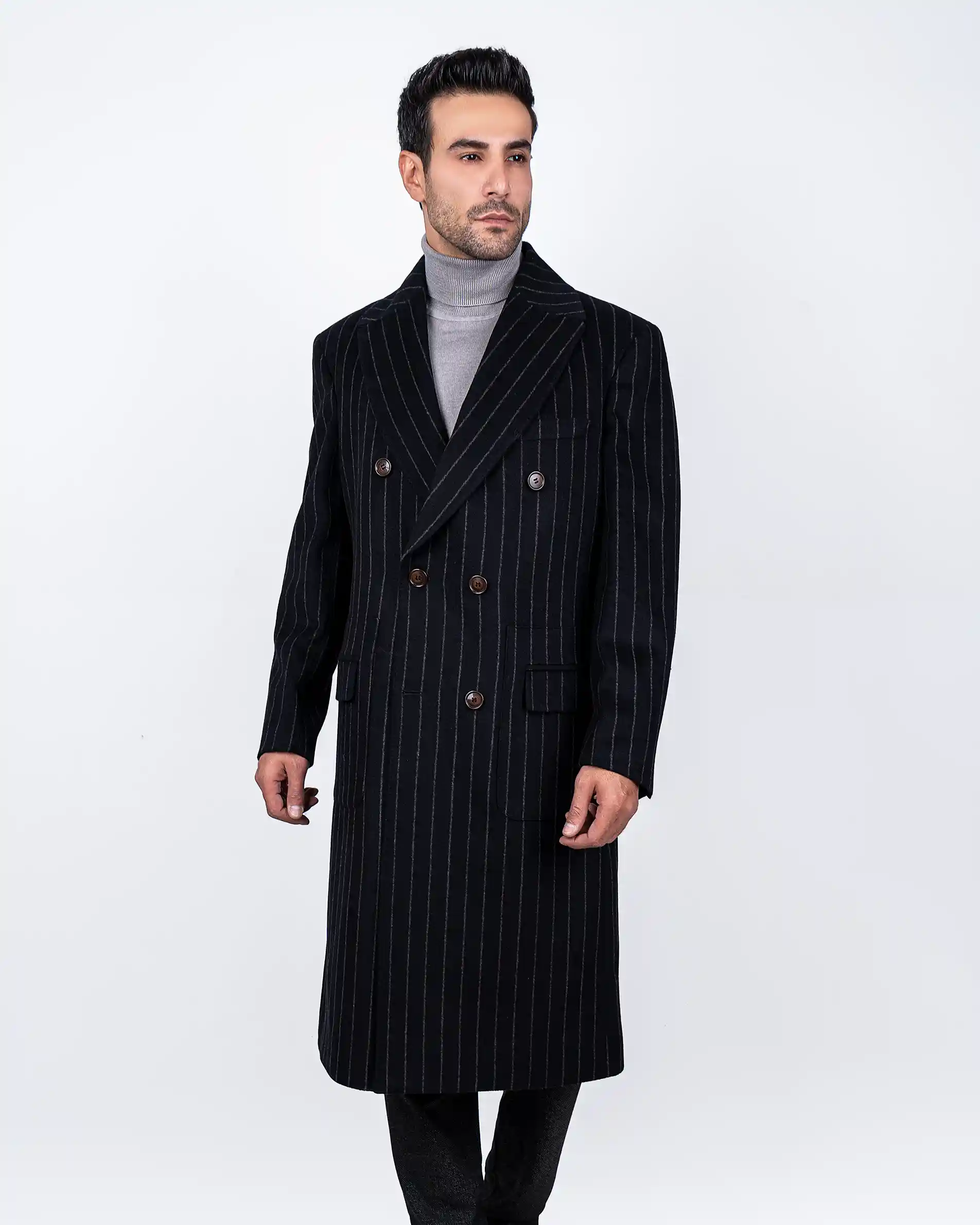 پالتو بلند دبل برست دو جیب پاکتی خط دار