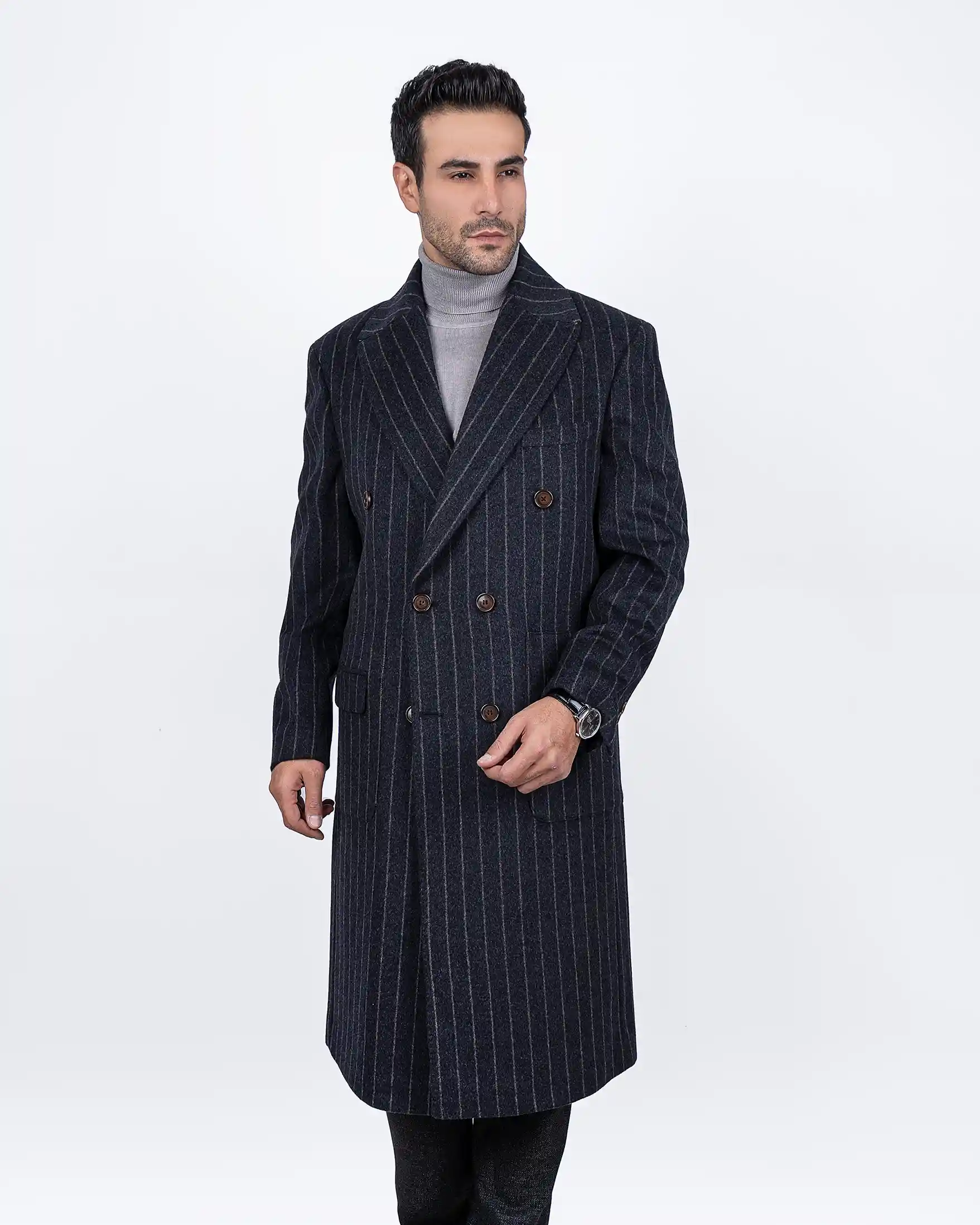 پالتو بلند دبل برست دو جیب پاکتی خط دار