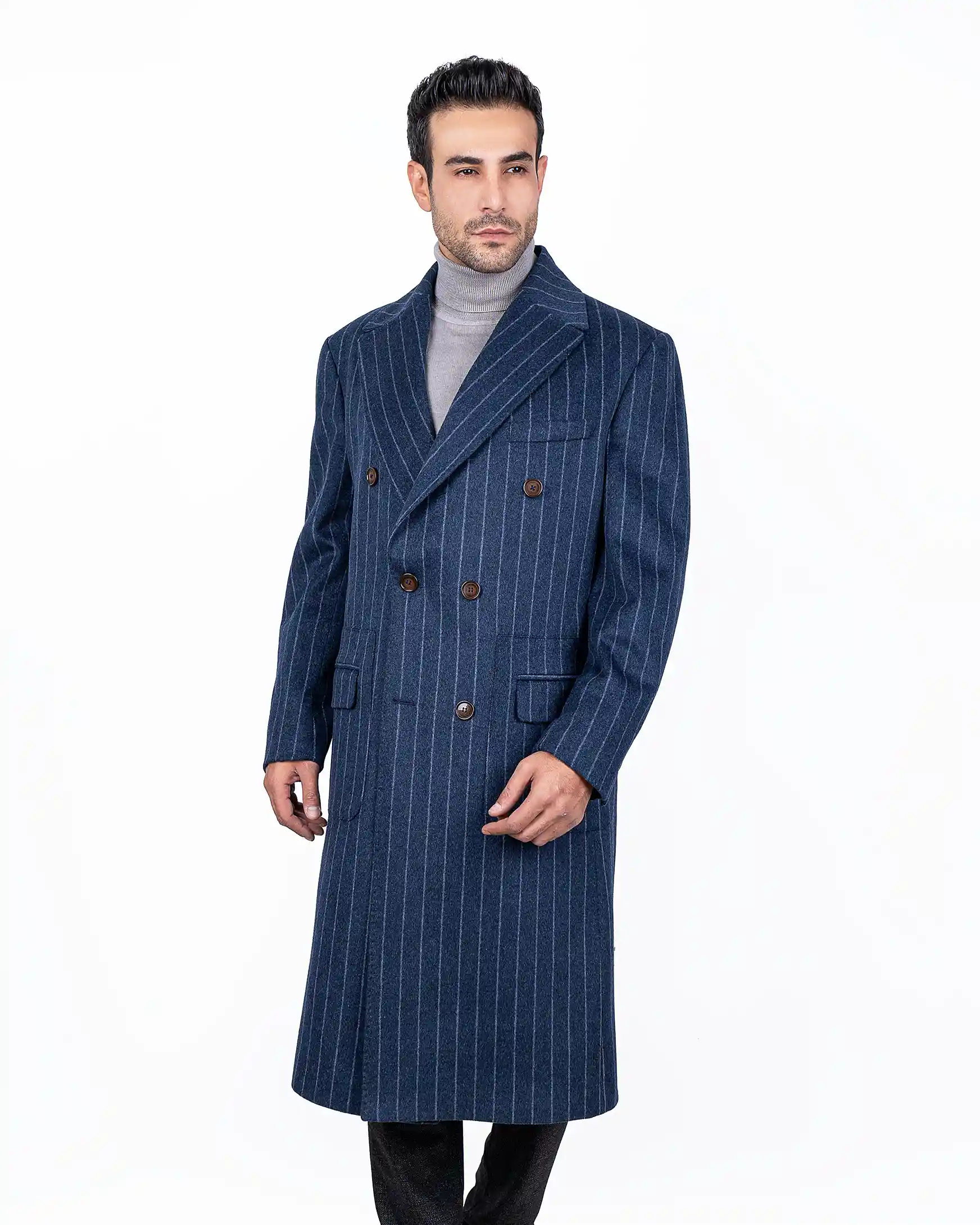 پالتو بلند دبل برست دو جیب پاکتی خط دار