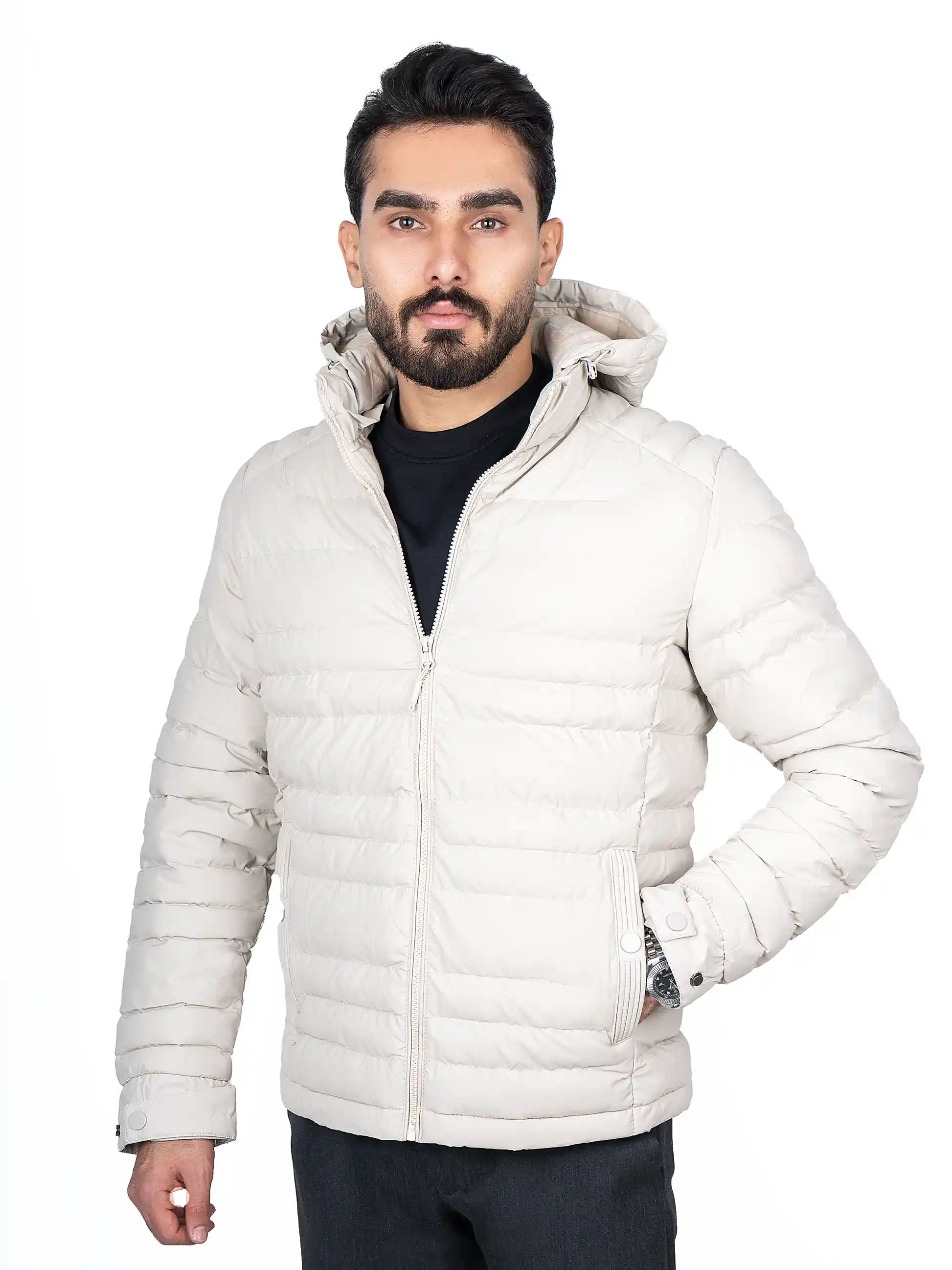 کاپشن زمستانی بادی کلاه دار چرم 